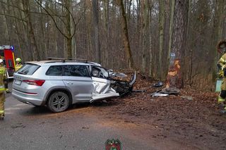 Skoda z dwiema osobami w środku uderzyła w drzewo. 4-letnie dziecko trafiło do szpitala