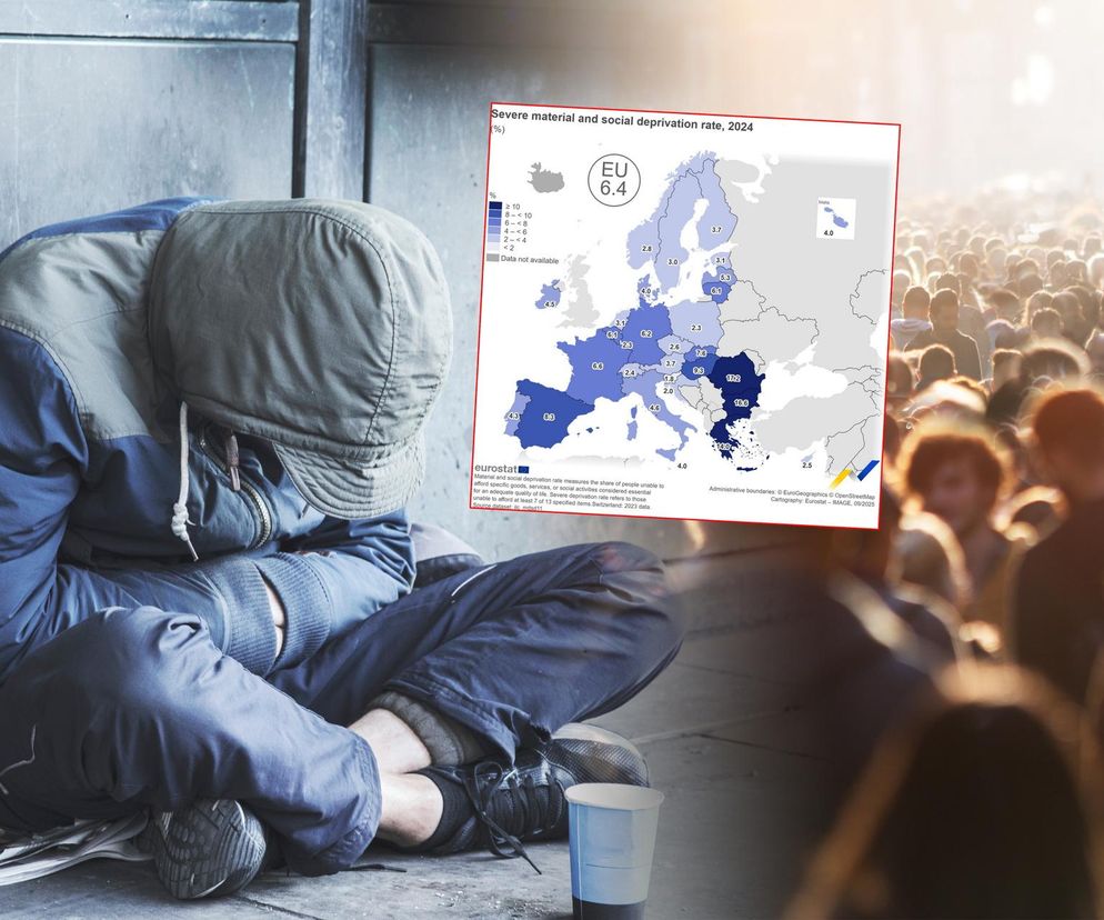 Mężczyzna w kapturze, siedzący na ziemi, oparty o ścianę z gazetami i kubkiem przed sobą, symbolizuje niedostatek. Nałożona na obraz grafika Eurostatu z mapą Europy przedstawia wskaźnik poważnego niedostatku materialnego i społecznego. Artykuł na Super Biznes analizuje pozycję Polski w tym rankingu.