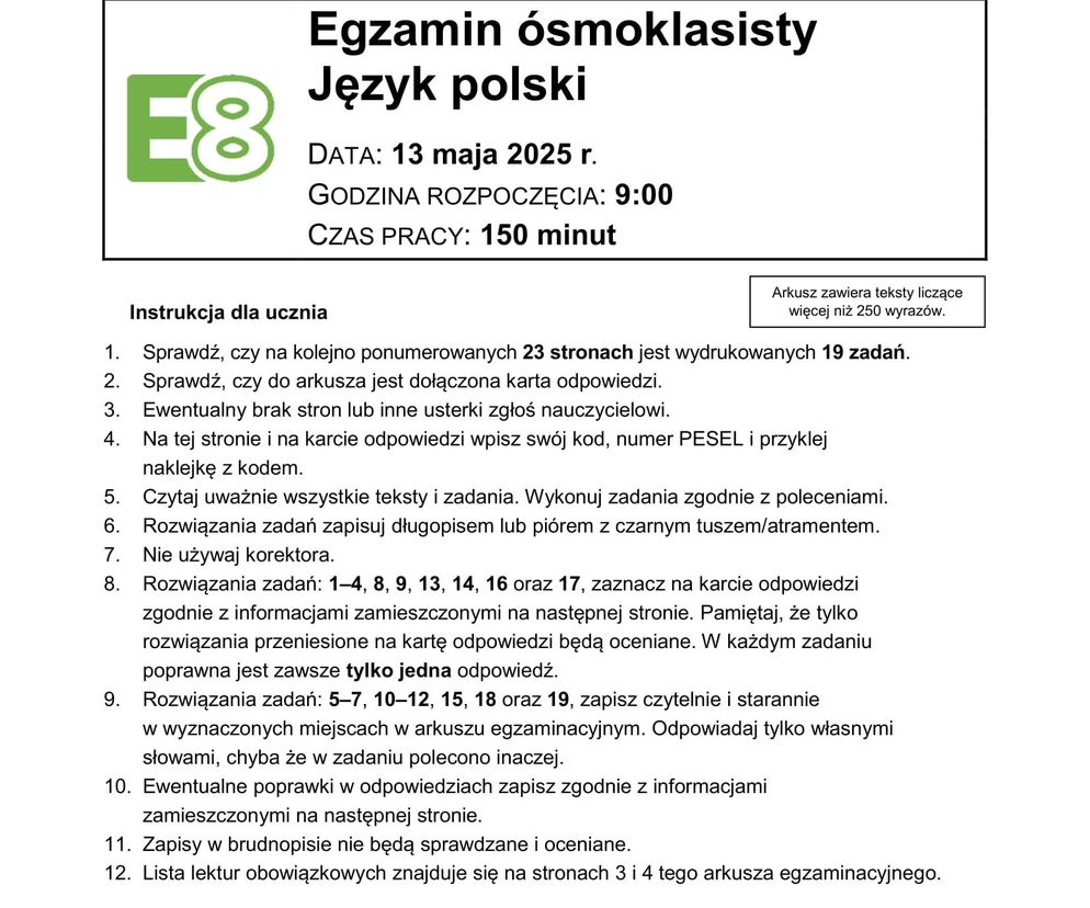 Egzamin ósmoklasisty 2025 polski - ARKUSZ CKE, ODPOWIEDZI, ZADANIA, DO POBRANIA [13.05.2025]	