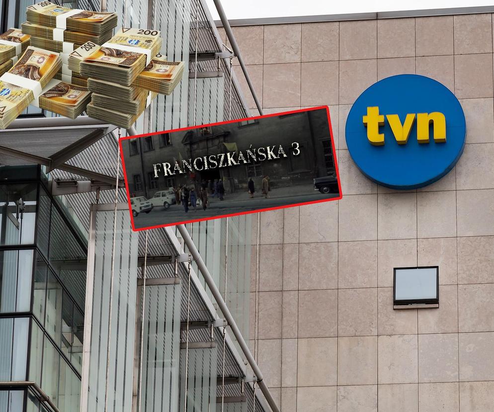 Siedziba TVN i stos banknotów, logotyp programu Franciszkańska 3