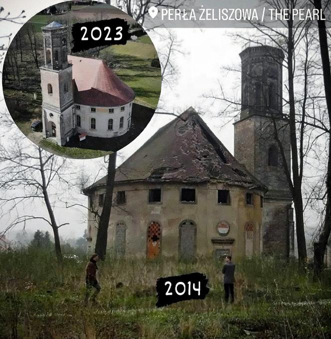 Perła Żeliszowa – widok z zewnątrz przed i po remoncie