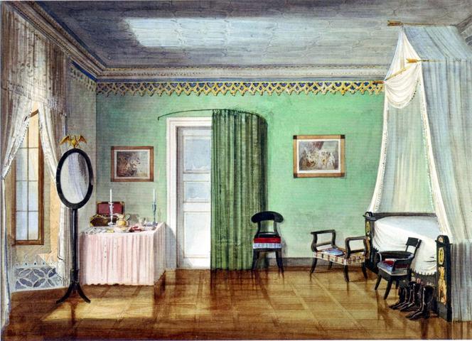 Sypialnia w stylu biedermeier na XIX-w. akwareli. Elegancja mebli i kompozycji wnętrza wyraźnie podporządkowana funkcjonalności wyposażenia.