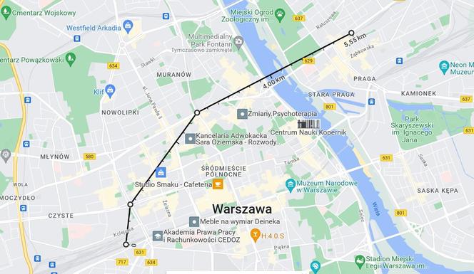 Możliwy, orientacyjny przebieg drugiej linii średnicowej w Warszawie