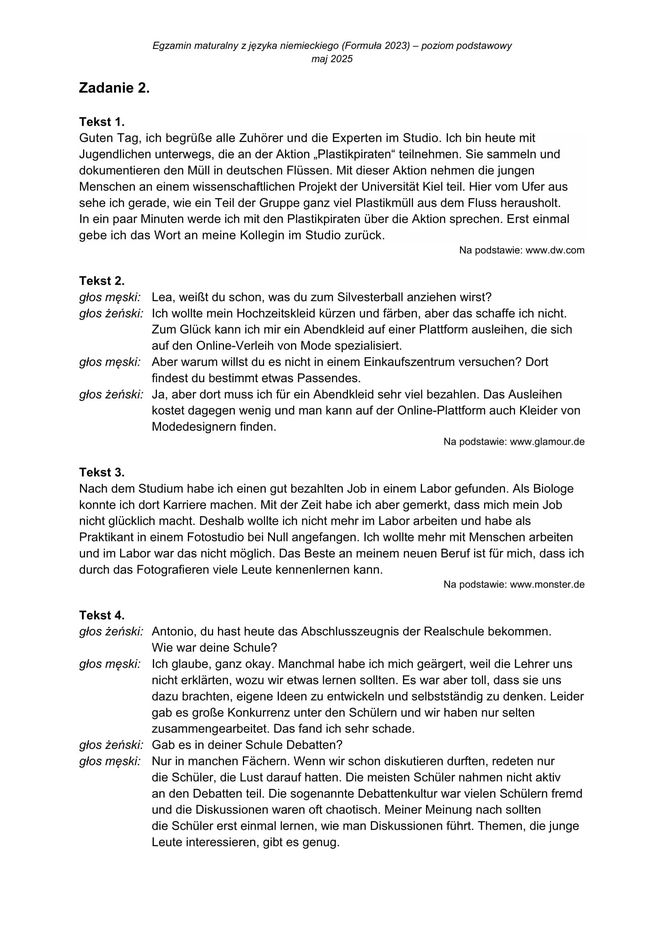 Matura 2025: niemiecki 7.05.2025. Arkusze CKE i odpowiedzi. Poziom podstawowy [Formuła 2023]	