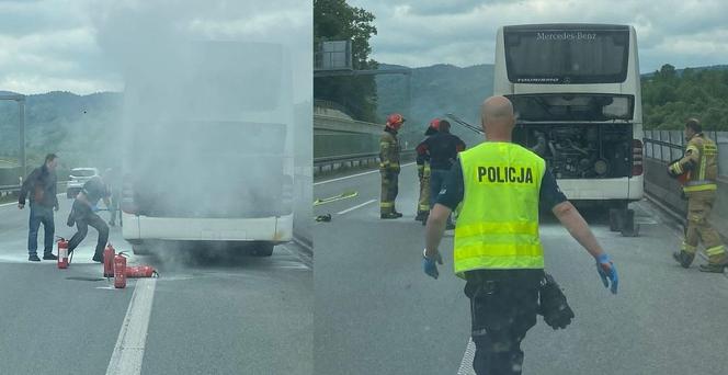 Autokar na zakopiance stanął w płomieniach. Na pomoc ruszył policjant z gaśnicą