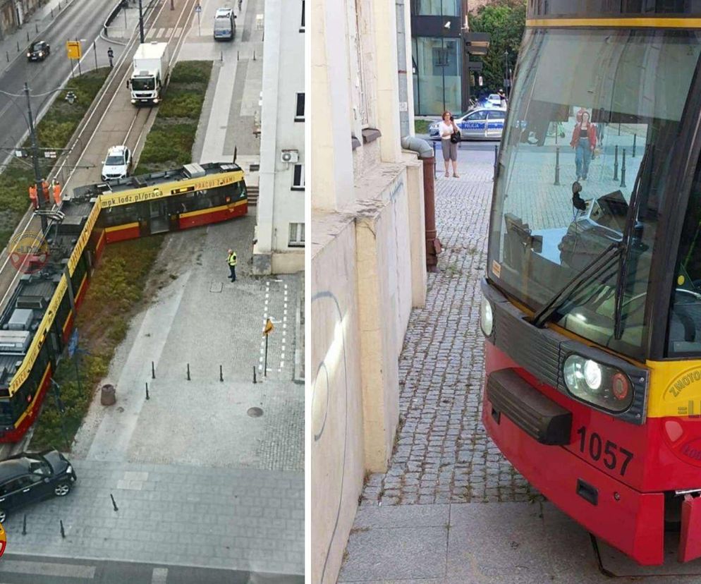 Groźny wypadek w centrum Łodzi. Zderzenie na torach. Tramwaj niemal uderzył w budynek [ZDJĘCIA]