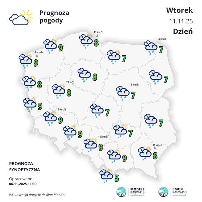 Pogoda IMGW na 11 listopada - mapa z wizualizacją