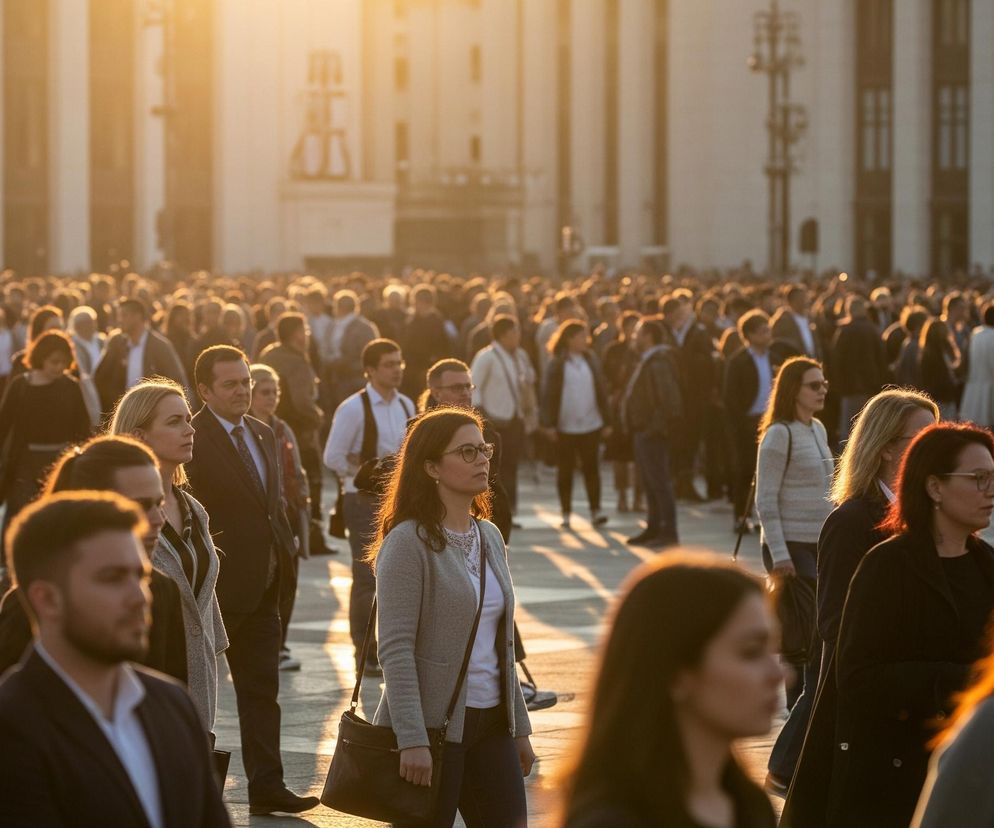 Wielki tłum ludzi wypełnia szeroką, otwartą przestrzeń, oświetloną ciepłym, złotym światłem zachodzącego słońca, które tworzy długie cienie i rzuca poświatę na sylwetki. Na pierwszym planie i w środkowej części kadru znajdują się wyraźnie widoczni pojedynczy ludzie, głównie dorośli, ubrani w stroje codzienne i biznesowe, z wieloma osobami patrzącymi w różne strony. W tle wznosi się duży budynek o jasnych, monumentalnych kolumnach, rozmyty przez odległość i intensywne światło.