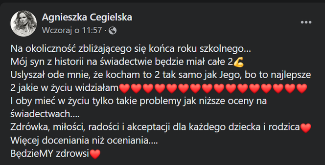 Agnieszka Cegielska o ocenie syna w szkole
