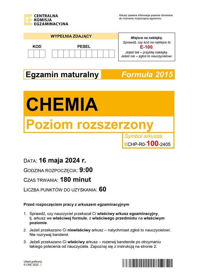 Matura 2024: chemia rozszerzona w formule 2015 - arkusze CKE i sugerowane odpowiedzi