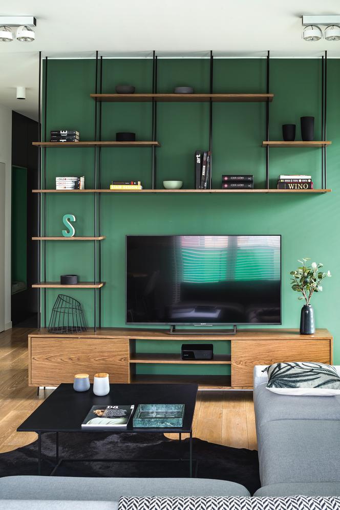 Salon z zieloną ścianą