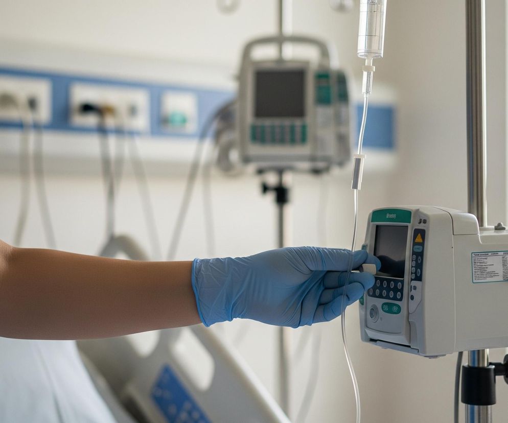 Prawa ręka osoby, w błękitnej rękawiczce medycznej, reguluje kranik na przezroczystej rurce, która jest częścią aparatu do infuzji. Aparat w kolorze biało-zielonym, z ekranem i przyciskami, zamontowany jest na metalowym stojaku. W tle widać białą ścianę z niebieskim pasem i gniazdkami elektrycznymi, a dalej okno.