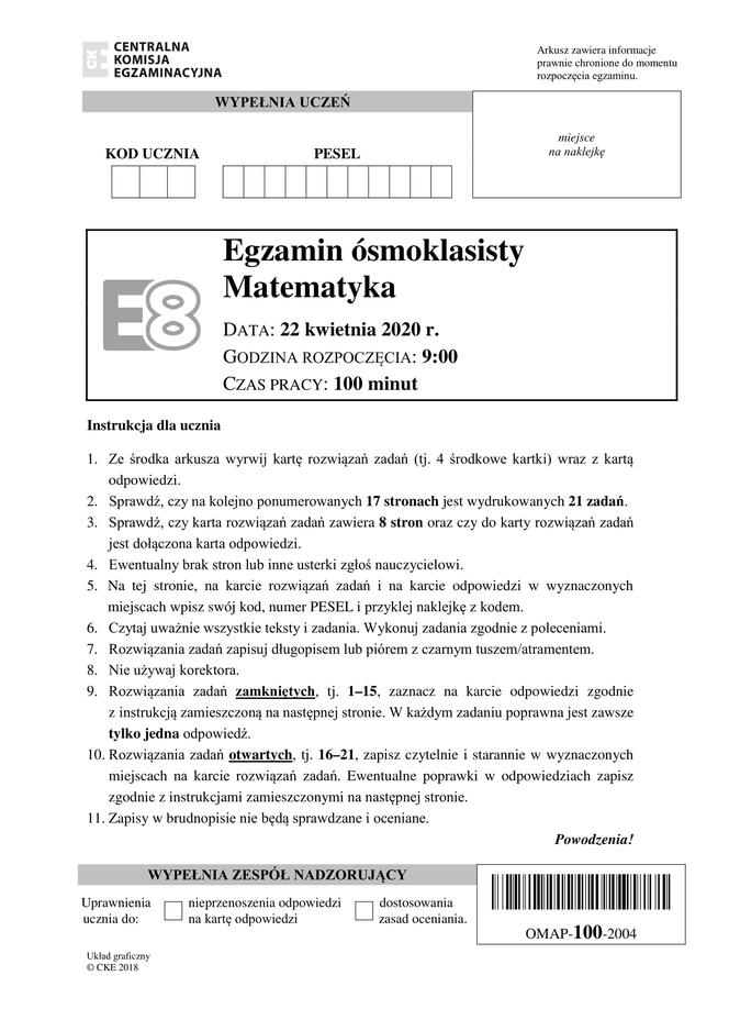 Egzamin ósmoklasisty 2020 - ODPOWIEDZI z matematyki