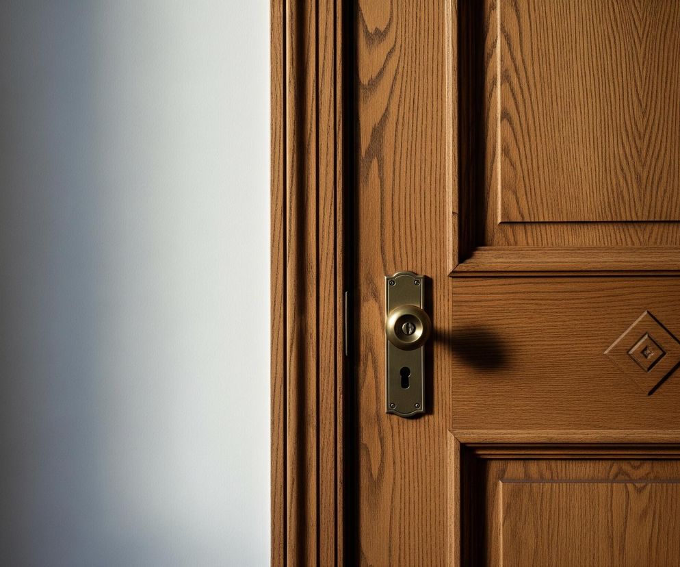 Lewa strona kadru to gładka, jasnoszara ściana, oświetlona silnym światłem z prawej strony, tworzącym łagodne przejście cienia w lewym górnym rogu. Prawa część obrazu to drewniane drzwi z widocznym usłojeniem w odcieniu brązu. Na drzwiach znajduje się mosiężna gałka ze zintegrowanym zamkiem, rzucająca wyraźny cień na powierzchnię drewna. Drzwi zdobią frezowane panele i ozdobny wzór w kształcie rombu.