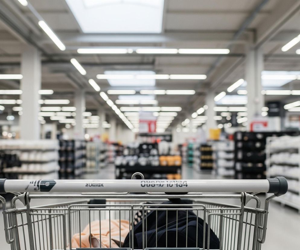 Na pierwszym planie widoczny jest metalowy wózek na zakupy, z rączką o szarych końcówkach i białej środkowej części, na której widać czarne napisy, częściowo niewyraźne. W koszyku wózka leżą zagniecione tkaniny w odcieniach czerni i jasnego pomarańczu. Za wózkiem rozciąga się przestronne wnętrze supermarketu lub dużego sklepu, z licznymi regałami po obu stronach, na których ułożone są towary, przeważnie ciemne po lewej i jasne po prawej stronie. Pomieszczenie oświetlają długie, prostokątne lampy fluorescencyjne rozmieszczone na suficie, a także naturalne światło wpadające przez świetliki dachowe.