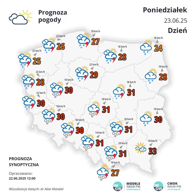 Prognoza IMGW na poniedziałek, 23 czerwca