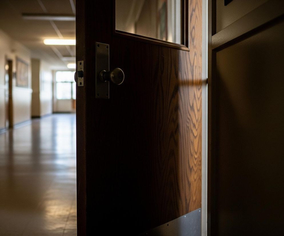 Przedstawiony obraz ukazuje uchylone drzwi z ciemnego drewna z okienkiem na górze, częściowo zasłaniające widok na korytarz. Korytarz jest jasno oświetlony długimi, poziomymi lampami fluorescencyjnymi na suficie oraz naturalnym światłem z oddalonych okien, tworzącym odblaski na błyszczącej, jasnobrązowej posadzce. Po lewej stronie korytarza widoczne są ściany z jasnym panelem w dolnej części i ciemnymi tablicami na górze, na których widać niewyraźne, jasne obiekty.