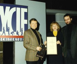 Architekci Tadeusz Spychała i Piotr Szaroszyk, autorzy nominowanego do nagrody hotelu Sheraton, w środku Katarzyna Gontarczyk, Sheraton Public Relations Manager