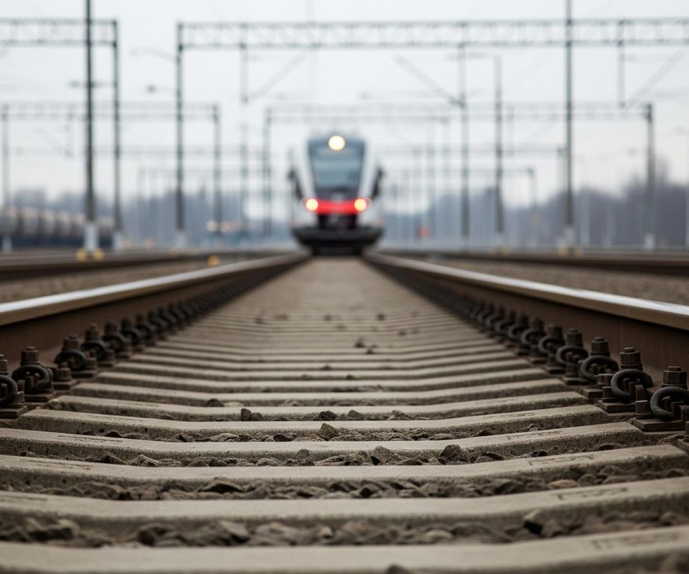 Perspektywa prowadzi wzdłuż szyn kolejowych, które dominują w dolnej części obrazu, z betonoowymi podkładami i ostrym kamieniem rozsypanym wokół. Na horyzoncie, w centrum, znajduje się niewyraźny pociąg z zapalonymi czerwonymi światłami z przodu. Po lewej stronie widoczne są niewyraźne, stojące wagony towarowe oraz słupy trakcji elektrycznej, które biegną wzdłuż całej długości torów. Całość otacza szare, zachmurzone niebo.