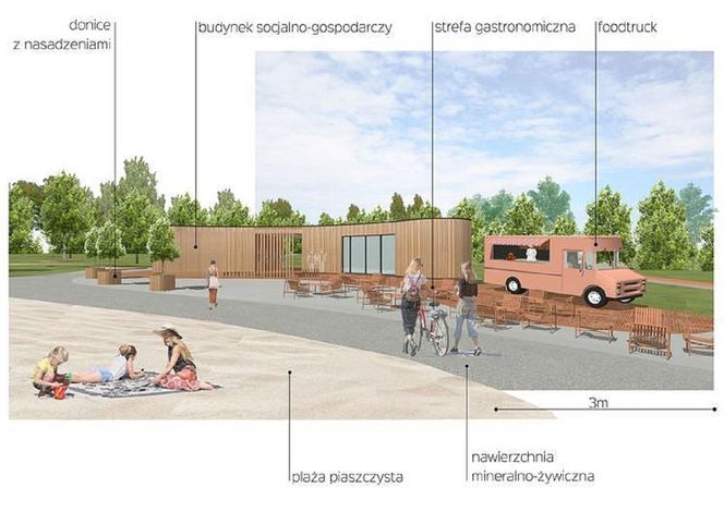 Wizualizacja kąpieliska w Parku Centralnym nad Brdą w Bydgoszczy