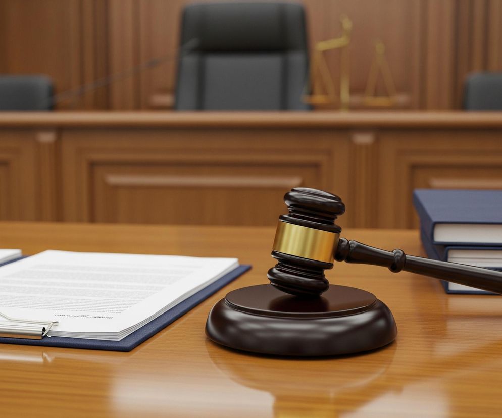 Na pierwszym planie, po prawej stronie drewnianego, jasnobrązowego stołu leży brązowy młotek sędziowski ze złotym elementem na głowicy, oparty na okrągłej podstawce w tym samym kolorze. Po jego lewej stronie znajduje się otwarty dokument z tekstem, przypięty do ciemnoniebieskiej podkładki z metalowym klipsem. Dalej, za młotkiem, ułożone są trzy oprawione w ciemnoniebieską okładkę książki. W tle widoczny jest wyższy, drewniany blat, a za nim fragmenty ciemnych krzeseł, z centralnie umieszczonym krzesłem o czarnym oparciu. Z prawej strony za centralnym krzesłem widoczna jest niewyraźna, złota sylwetka wagi szalkowej, symbolizującej sprawiedliwość.