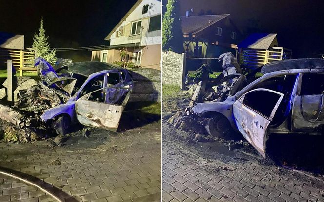 Lisewo Malborskie. Pożar auta po uderzeniu w słup energetyczny. Dwie osoby uratowali świadkowie.