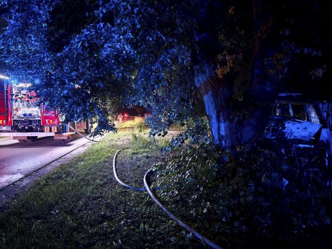 Śmiertelny wypadek pod Radomskiem. 42-latek nie żyje. Jego bus spłonął [ZDJĘCIA].