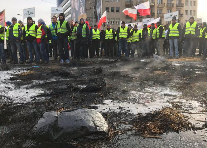 Protesty rolników w Warszawie. Palenie opon i świńskie łby na placu Zawiszy