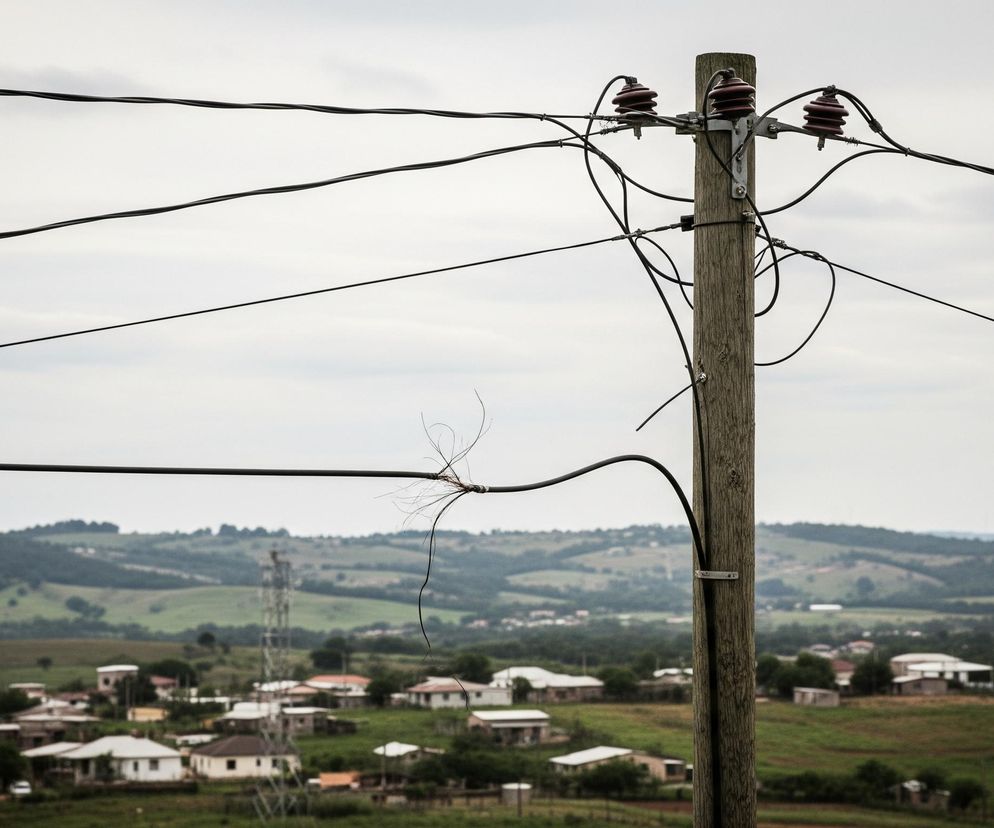 Centralnym elementem obrazu jest drewniany słup elektryczny, z którego rozchodzą się liczne czarne kable. Na górze słupa znajdują się trzy ceramiczne izolatory w kolorze brązowym, podtrzymujące niektóre z przewodów. Jeden z głównych kabli, biegnący poziomo przez środek kadru, jest uszkodzony; jego izolacja jest przerwana, ukazując splątane, cienkie druty.

W tle rozciąga się pagórkowaty krajobraz z zielonymi polami i drzewami, częściowo pokryty mgłą lub dymem. Na pierwszym planie i w średnim planie, w dolnej części obrazu, widoczna jest wiejska osada z licznymi domami o jasnych dachach, rozmieszczonymi wśród zieleni. Niebo jest zachmurzone, w odcieniach szarości i bieli, co nadaje całości stonowany charakter.