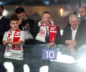 Karol Nawrocki na meczu Polska - Finlandia