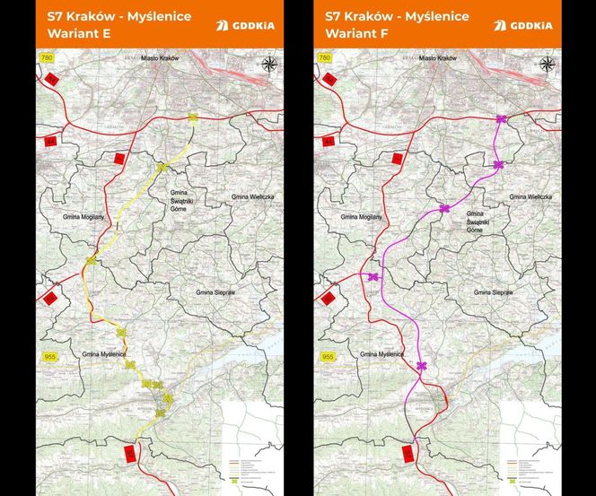 Sześć wariantów przebiegu trasy S7