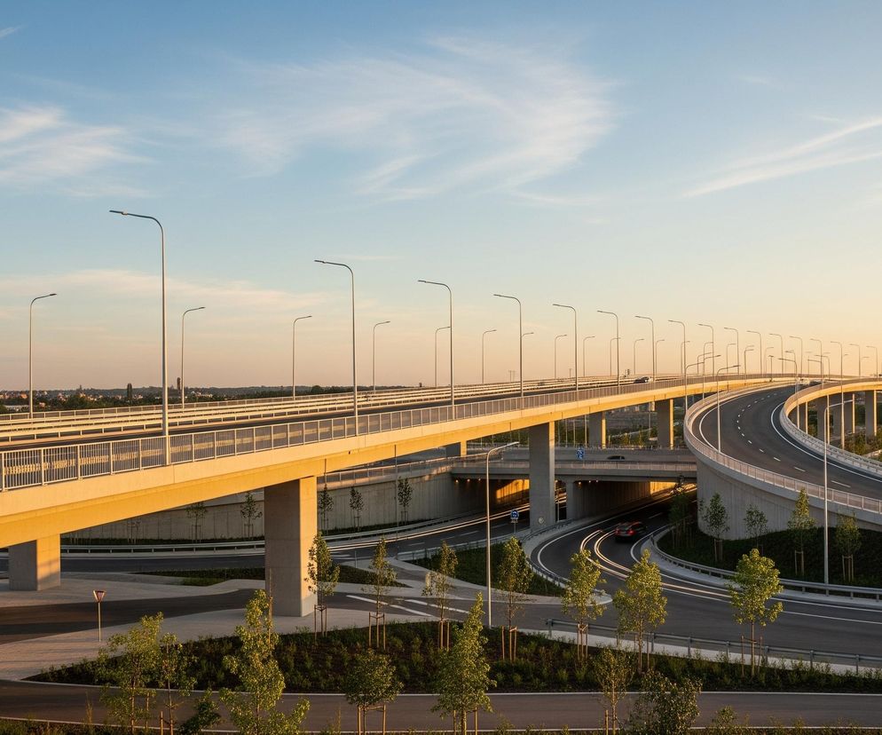 Rozległy kompleks autostradowy z wielopoziomowymi estakadami dominuje na zdjęciu, rozciągając się dynamicznie w prawą stronę, gdzie jego nitki zbiegają się i krzyżują. Na wszystkich widocznych drogach poruszają się samochody, w tym czarny samochód osobowy na dolnym poziomie i rozmyty, srebrny samochód na zakręcie prawej estakady, co sugeruje ruch. Zachodzące słońce barwi niebo w górnej części obrazu na odcienie błękitu i pomarańczu, z nielicznymi smugami chmur, a jego ciepłe światło oświetla konstrukcje mostów, nadając im złoty odcień. Wzdłuż dróg rosną młode drzewa i krzewy, a w tle widać zarysy miejskiej zabudowy.