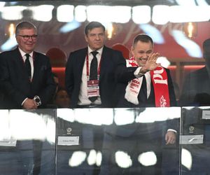 Karol Nawrocki na meczu Polska - Finlandia