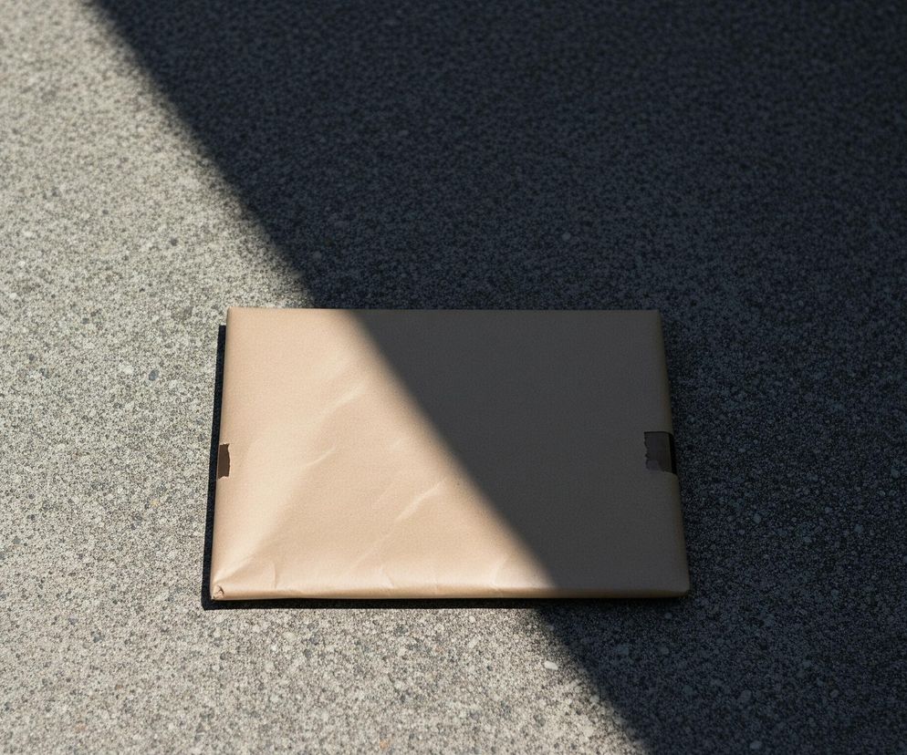 Na szorstkiej, szarej powierzchni, prawdopodobnie betonu, leży prostokątny pakunek owinięty brązowym papierem. Przez obraz przebiega ukośna linia cienia, dzieląc go na dwie części: jaśniejszą, oświetloną oraz ciemniejszą, zacienioną. Pakunek jest częściowo oświetlony, a częściowo pokryty cieniem, z widocznymi zagięciami i niewielkimi uszkodzeniami papieru na krawędziach.