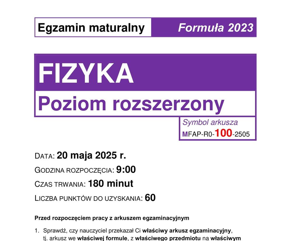 Matura 2025: fizyka 20.05.2025. Arkusze CKE, poziom rozszerzony [Formuła 2023]