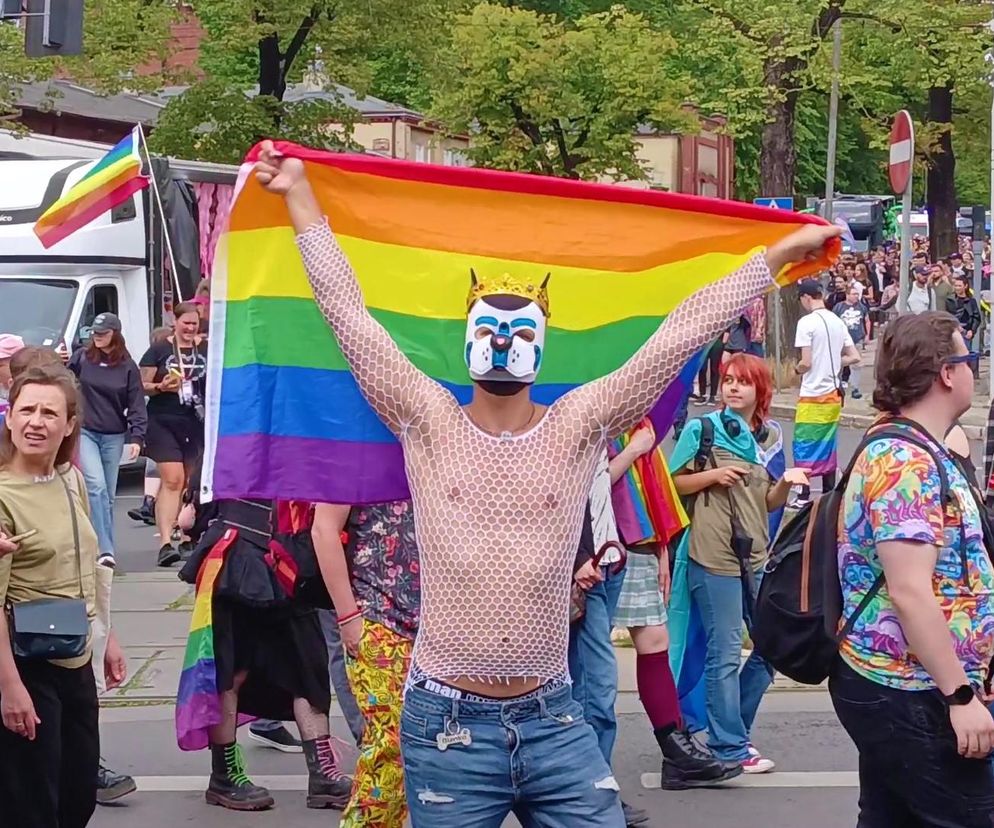 Osoba w masce psa trzyma tęczową flagę nad głową podczas Marszu Równości w Szczecinie. Więcej przeczytasz na SE Szczecin.