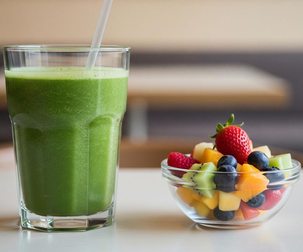 Na białym stole stoi wysoka szklanka wypełniona zielonym napojem z pianką na wierzchu i białą słomką. Obok szklanki, po prawej stronie, znajduje się przezroczysta miseczka z pokrojonymi owocami, w której widoczne są kawałki truskawki, borówki, maliny, kiwi, melona i mango. Tło jest rozmazane, przedstawiające beżowo-brązowe barwy.