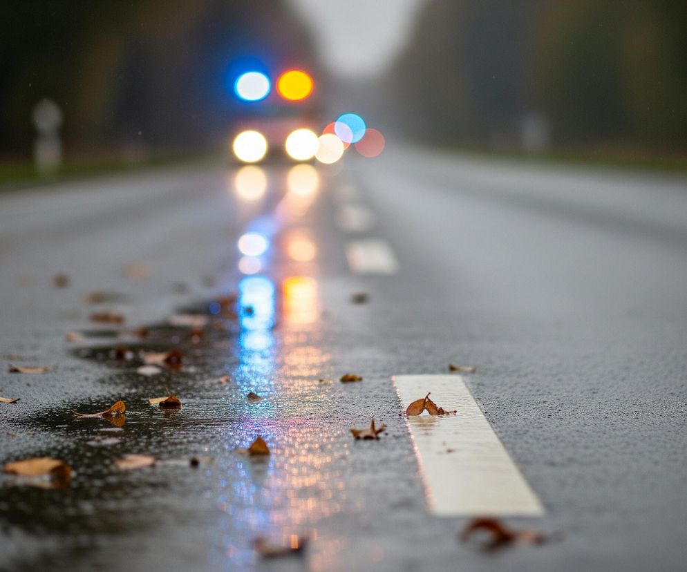 Mokra, asfaltowa droga rozciąga się w głąb obrazu, pokryta licznymi kroplami deszczu i rozsypanymi, suchymi liśćmi w odcieniach brązu i pomarańczu. Pośrodku jezdni widoczna jest biała, przerywana linia, biegnąca w stronę zamglonego horyzontu. W oddali, w rozmytej perspektywie, widać światła pojazdów, z czego dwa górne świecą na niebiesko i pomarańczowo, a poniżej nich dwa żółte reflektory. Odbicia tych świateł tworzą kolorowe smugi na mokrej powierzchni drogi, rozjaśniając jej ciemną nawierzchnię.