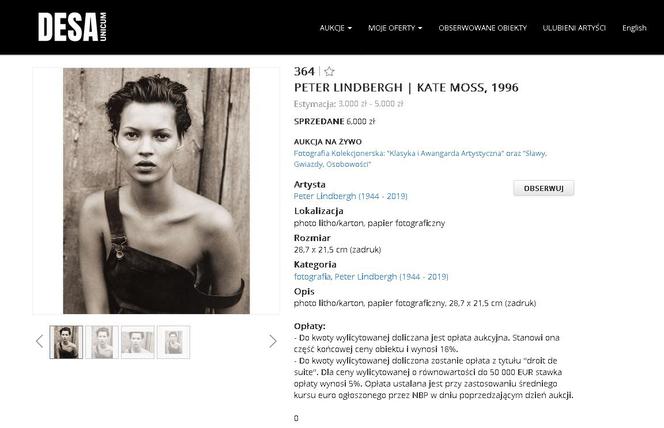 Zdjęcie Kate Moss wykonane przez Petera Lindergha w 1996r. wylicytowane na aukcji w Desie Unicum