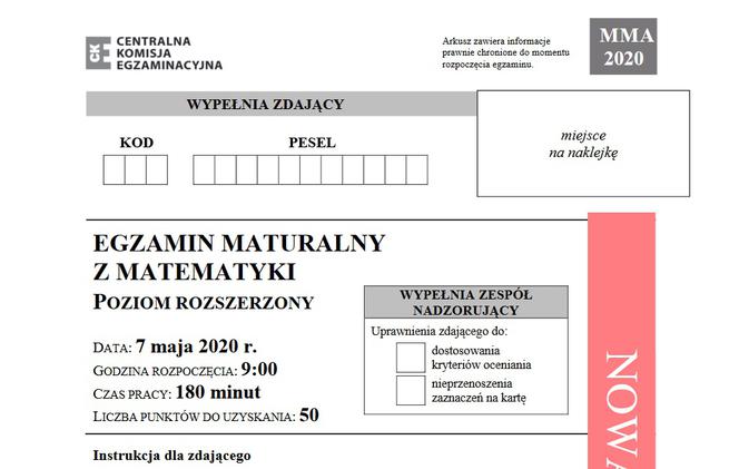 Egzamin maturalny 2020 z matematyki - poziom rozszerzony