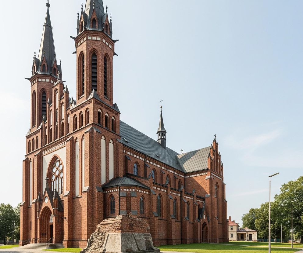 Ceglany kościół z dwiema wysokimi wieżami w stylu neogotyckim dominuje w centralnej części kadru, zwrócony fasadą na zachód. Budynek posiada liczne okna, w tym duże okno rozetowe nad głównym wejściem, oraz spiczaste dachy w kolorze ciemnoszarym. Przed kościołem znajduje się fragment zrujnowanej ceglanej konstrukcji na betonowej podstawie, a wokół rozciąga się zielony trawnik. Po lewej i prawej stronie widać rzędy drzew z gęstym, zielonym listowiem, a w tle, po prawej stronie, jasny budynek z czerwonawym dachem oraz kilka zaparkowanych samochodów. Całość otacza jasne, niemal bezchmurne niebo.