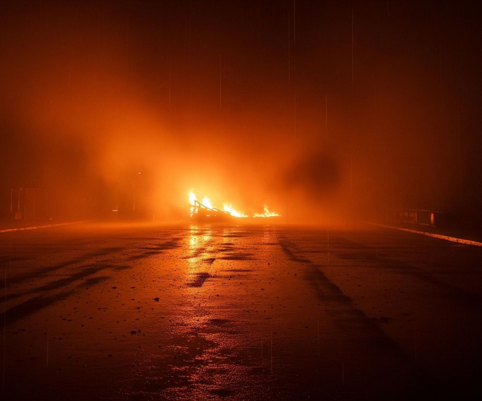 W centralnej części obrazu widoczny jest duży, jasny ogień, którego pomarańczowo-żółte płomienie oświetlają otoczenie. Ogień otacza gęsty, pomarańczowy dym, rozprzestrzeniający się po całym kadrze, tworząc mglistą atmosferę. Przed ogniem rozciąga się ciemny, mokry asfalt, na którym odbija się intensywne światło płomieni, tworząc jasne refleksy i ciemne cienie. W tle i po bokach widoczne są zarysy konstrukcji, prawdopodobnie metalowych barierek lub rusztowań, słabo widoczne przez dym i ciemność.