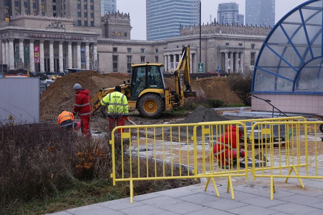 Budowa łąki kwietnej przy wejściu do metra Centrum w Warszawie