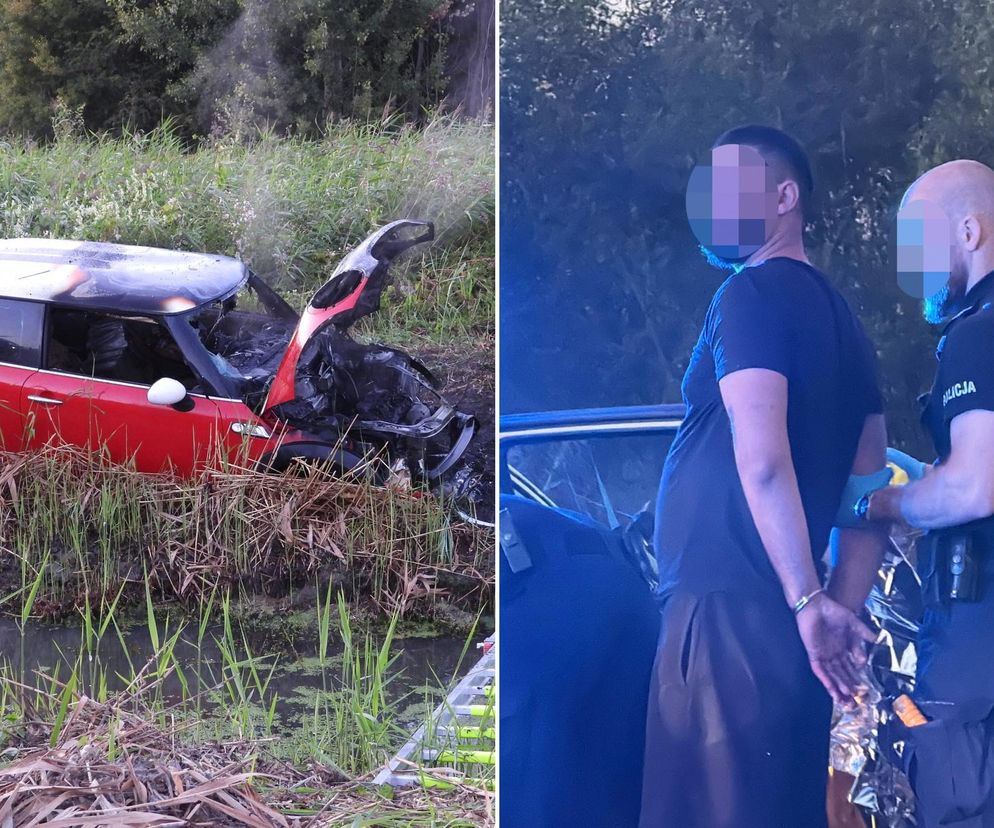 Mini Cooper w ogniu! Kierowca osobówki utknął w błocie i spalił auto