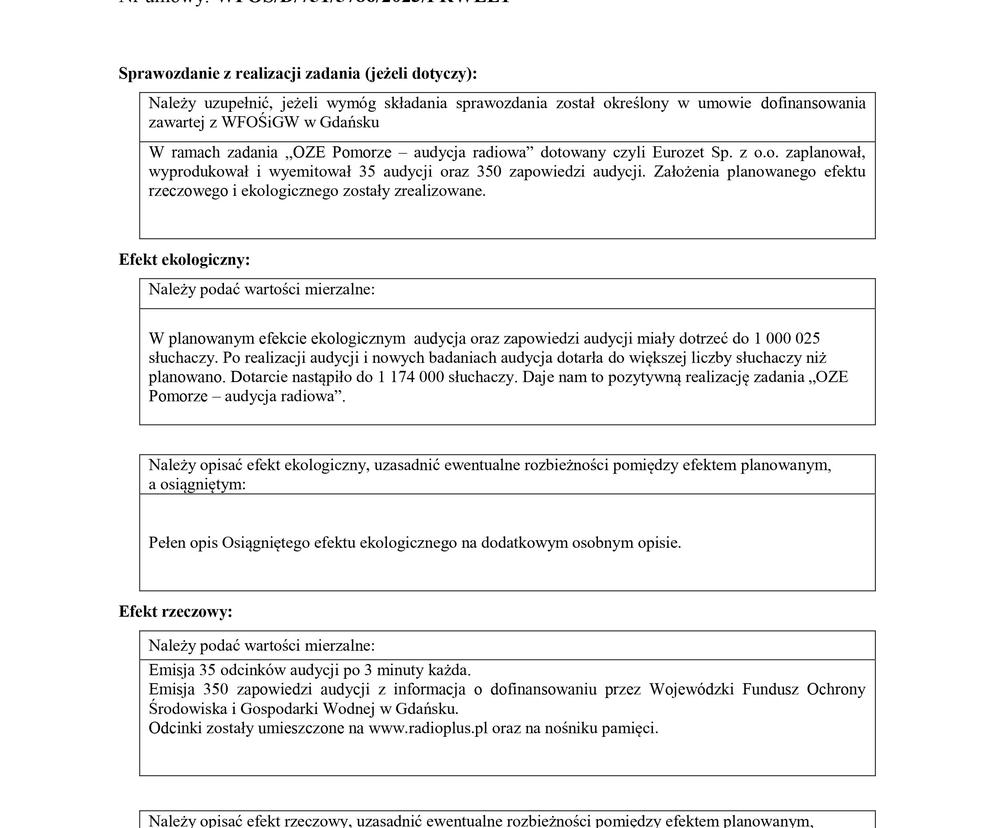 Sprawozdanie - Osiagniety efekt rzeczowy i ekologiczny