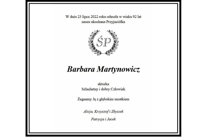 Zmarła Barbara Martynowicz - nekrolog