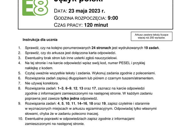 Egzamin ósmoklasisty 2023 - język polski arkusz CKE