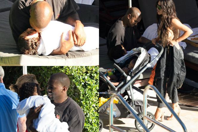 Kim Kardashian i Kanye West z North i Saintem na basenie