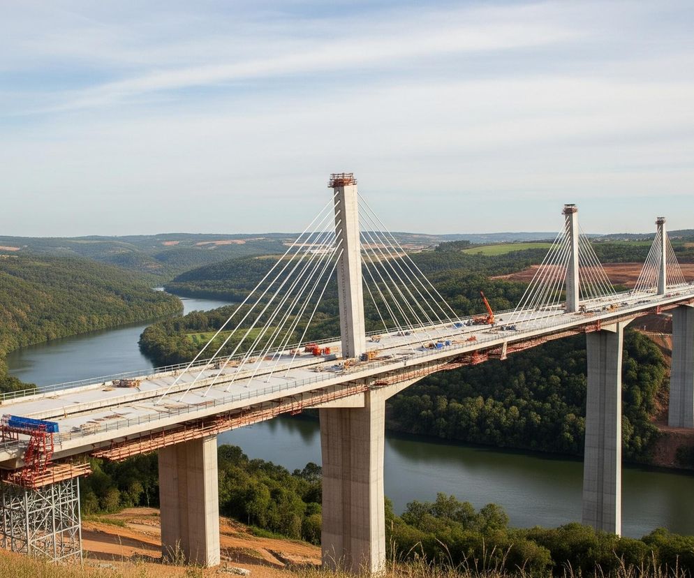 Na pierwszym planie widoczny jest długi most w budowie, rozciągający się przez szeroką dolinę, nad rzeką. Konstrukcja składa się z wielu wysokich, betonowych filarów wspierających szeroki, płaski pokład mostu, częściowo pokryty szarym betonem, częściowo widać stalowe elementy i rusztowania. Cztery główne, wysokie pylonowe wieże są zwieńczone rusztowaniami i z każdej z nich odchodzą liczne białe liny podtrzymujące jezdnię mostu. Na moście rozmieszczone są maszyny budowlane, dźwigi i elementy konstrukcyjne, a także widoczne są fragmenty ziemi i ścieżek wokół jego początkowych i końcowych segmentów. Dolina wokół mostu jest gęsto pokryta zielonymi drzewami i krzewami, a przez nią płynie ciemnozielona rzeka. Daleko w tle widoczne są wzgórza i lekko zachmurzone, jasnoniebieskie niebo.