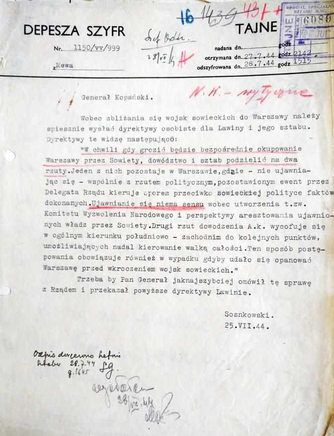 Depesza Naczelnego Wodza gen. Kazimierza Sosnkowskiego z 25 lipca 1944 r.